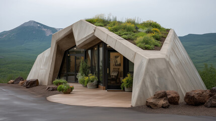 Unique Modern Eco-Home: A stunning modern architectural marvel blending seamlessly with its surroundings, featuring a unique green roof and innovative design.