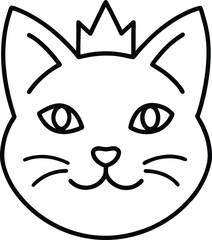 Cute cat face wearing crown simple linear illustration for childrens designs and playful concepts
