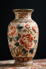 there is a vase with a floral design on it on a table