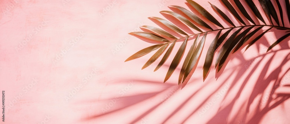 Aufkleber palm frond casting shadow on pink textured background in studio setting with soft lighting for tropi