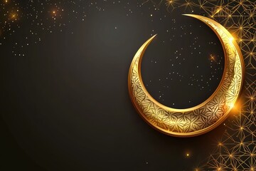 Ornate gold crescent moon design on dark background.