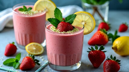 Refreshing strawberry smoothie with mint and lemon