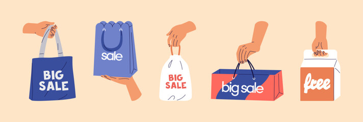 Plakat Set of human hands holding bags for shopping. People carry packs of goods, kraft packaging with purchases, cardboard box with gift. Discounts, sale in store. Flat isolated vector illustrations