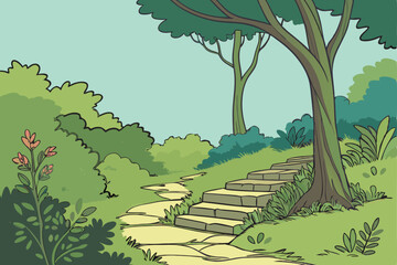 Fototapeta premium 163 lush green forest,stone steps,blue sky,nature landscape,botanical garden,peaceful path,overgrown steps,vibrant foliage,serene garden,natural outdoor setting