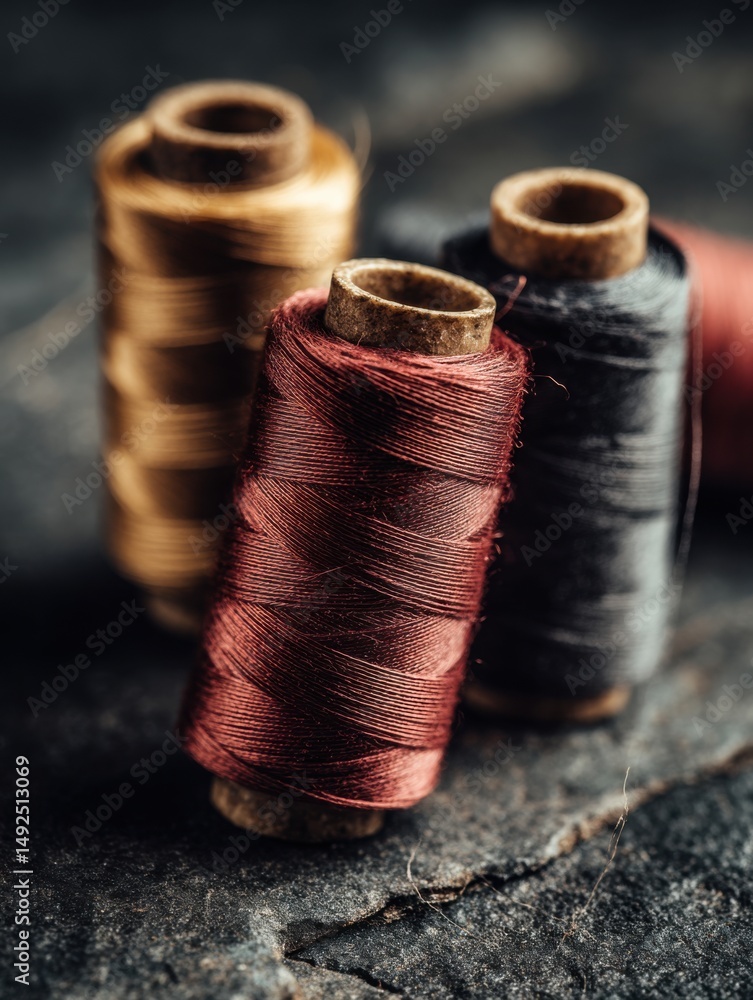 Poster close-up of colorful thread spools on dark textured surface in studio setting for sewing and craft p