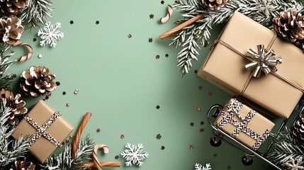 Festive christmas gifts sage green background overhead view