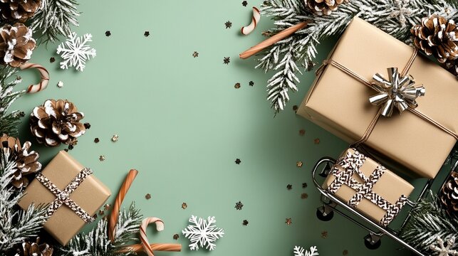 Festive christmas gifts sage green background overhead view