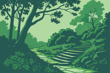 Fototapeta premium 163 lush green forest,stone steps,blue sky,nature landscape,botanical garden,peaceful path,overgrown steps,vibrant foliage,serene garden,natural outdoor setting
