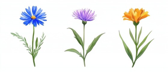 Watercolor Trio of Flowers on White Background Illustration Botanical Art Style Close Up Isolated Cornflower Aster Calendula