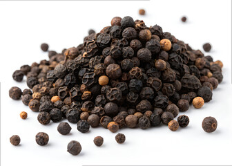 Heap of dried black peppercorns on white background, used as a classic spice and seasoning in cooking and food preparation
