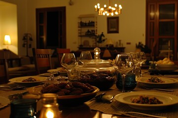 Warm interior dining room scene at night.