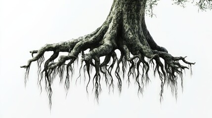 Show a tree with massive aerial roots hanging down, forming intricate natural patterns, completely isolated