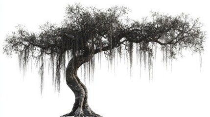 Show a tree with massive aerial roots hanging down, forming intricate natural patterns, completely isolated