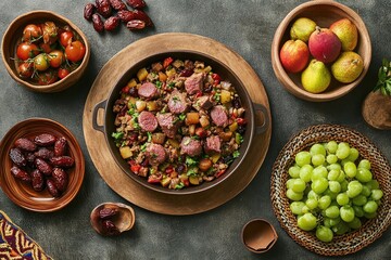 Hearty meal with various fruits and vegetables.