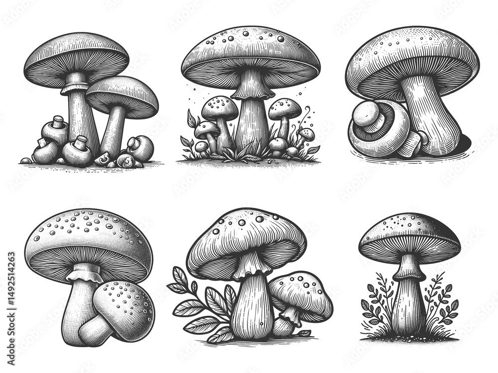Poster champignon mushrooms and fungi with textured caps and stems set collection bundle sketch engraving g