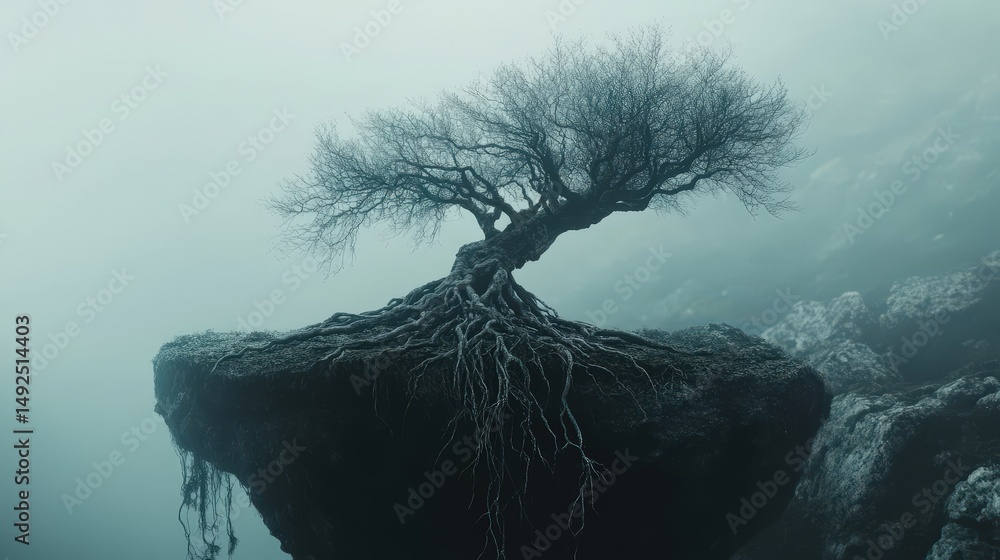 Poster show an uprooted tree with tangled roots, levitating above the ground, isolated in a surreal setting