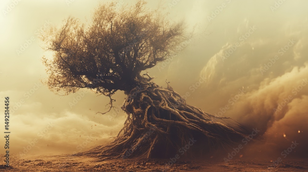 Poster show an uprooted tree with tangled roots, levitating above the ground, isolated in a surreal setting