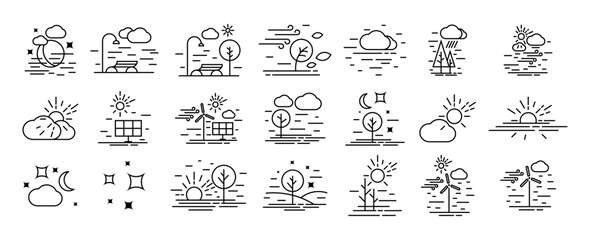 Ecologic and weather landscape line icons set vector illustration