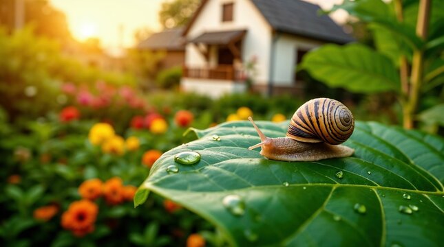 Garden Snail on Green Leaf with Water Drops