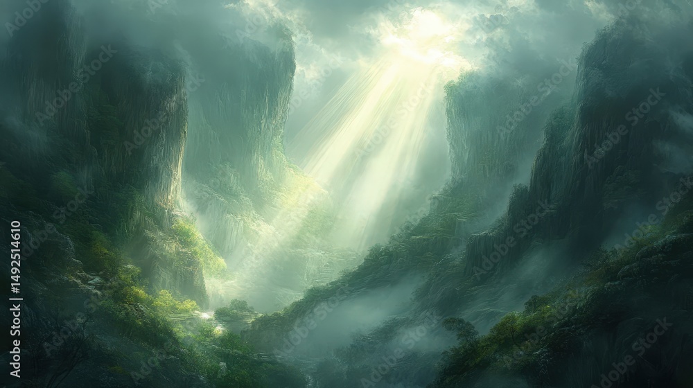 Poster soft rays of light filtering through a foggy mountain landscape, adding depth and mystery