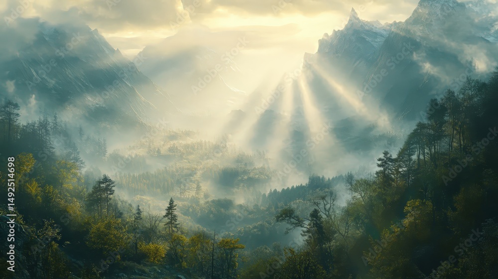 Poster soft rays of light filtering through a foggy mountain landscape, adding depth and mystery