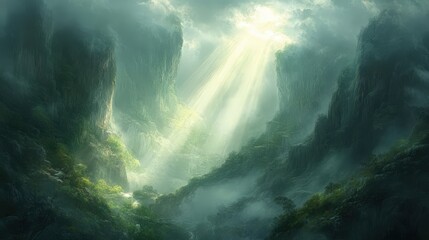 Soft rays of light filtering through a foggy mountain landscape, adding depth and mystery