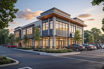 Modern Mixed-Use Small Office Building with Innovative Commercial Design and Ample Parking Solutions