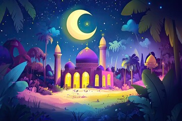 Nighttime fantasy scene of a mosque in a vibrant jungle.
