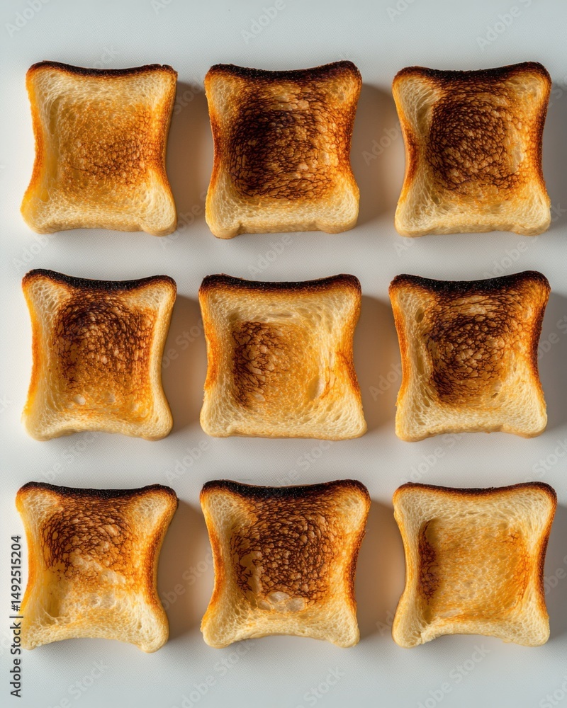 Poster overhead close up of nine slices of toast with varying degrees of burning on a white background in s