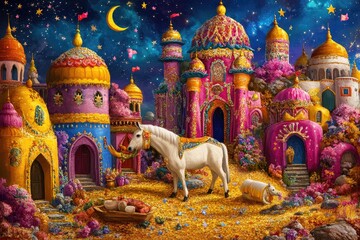 Colorful, magical city at night with a unicorn.