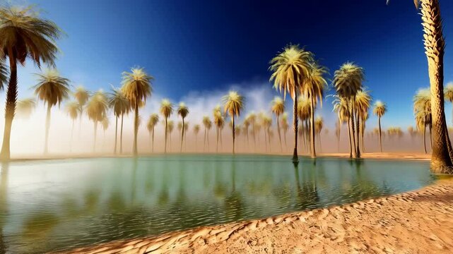 Palm trees line the reflective surface of a desert oasis under a clear blue sky, creating a tranquil tropical mirage landscape.