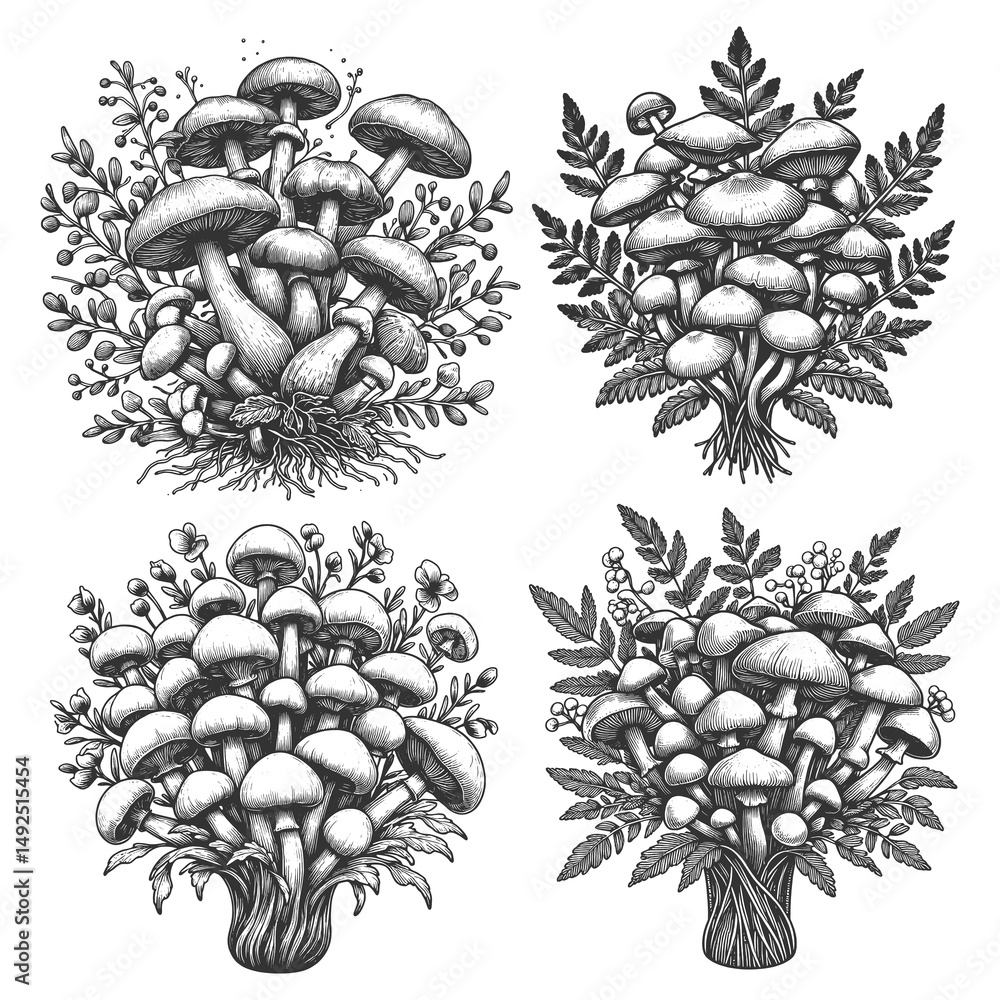 Poster mushroom bouquets set collection bundle sketch engraving generative ai raster illustration. scratch 