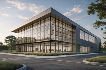 Fototapeta premium Modern Fulfillment Center Design with Private Office Space and Innovative Glass Facades Using Sustainable Materials