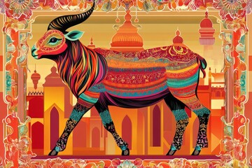 Colorful, ornate animal design against a backdrop of ornate buildings.