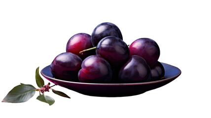 Fresh Ripe Plums Arranged on a Dark Plate with Rich Color Contrast, Isolated on White Background