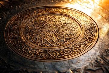 Naklejka premium Detailed circular decorative design on a metallic surface.