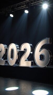 Chiffres m&eacute;talliques 2026 sous projecteurs sur sc&egrave;ne sombre

