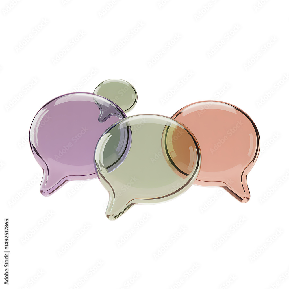 Poster a cluster of iridescent pastel colored speech bubbles floating on transparent background