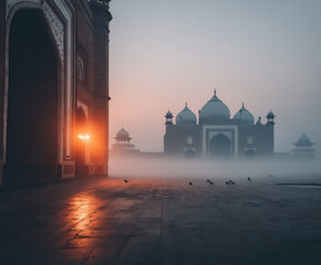 serene scene of intricate mughal architecture (e.g., taj mahal inspired