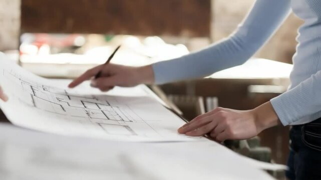 Architectural Vision: An architect's hands meticulously examine the blueprint, highlighting structural details with a pencil, embodying precision and the planning stage.