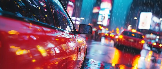 Red car glistening under city lights during a rainstorm creating a vibrant scene
