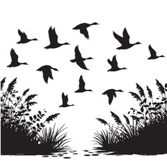 Silhouette of Ducks Flying Over Marshland Illustration for Nature Lovers
