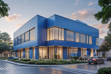 Fototapeta premium Stylish Compact Corporate Center with Contemporary Blue Facade and Modern Architectural Design