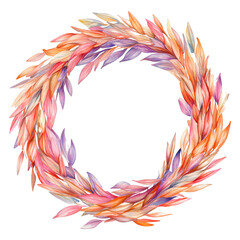Watercolor illustration of a round Easter wreath with colorful leaves and flowers on a white background. Perfect for holiday cards, decorations or branding. The abstraction is a round frame.