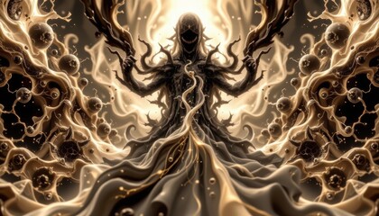 create a monochrome abstract fractal illustration with a soft glow style and golden tones, the illustration should feature a subject at the top, leaving ample copy space at the bottom