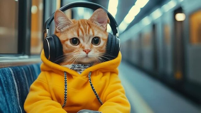 A funny orange cat wears large headphones and a cheerful yellow hoodie, sitting comfortably inside a moving subway train carriage, humorous animal character footage.
