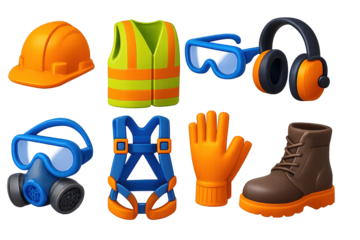 Safety equipment icons set in 3d – workplace, protective gear symbols