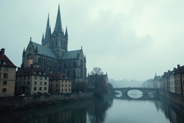 Naklejka premium Enigmatic Cathedral Cityscape on a Misty River with an Ancient Stone Arch Bridge