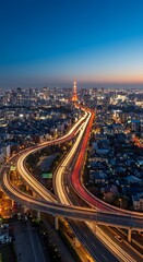 Naklejka premium Cityscape view with highway and tower at night
