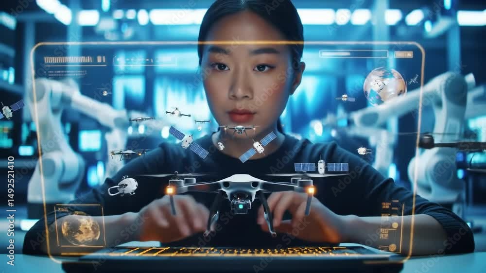 Poster asian woman operates futuristic drone interface in high-tech laboratory, focusing on innovation and 
